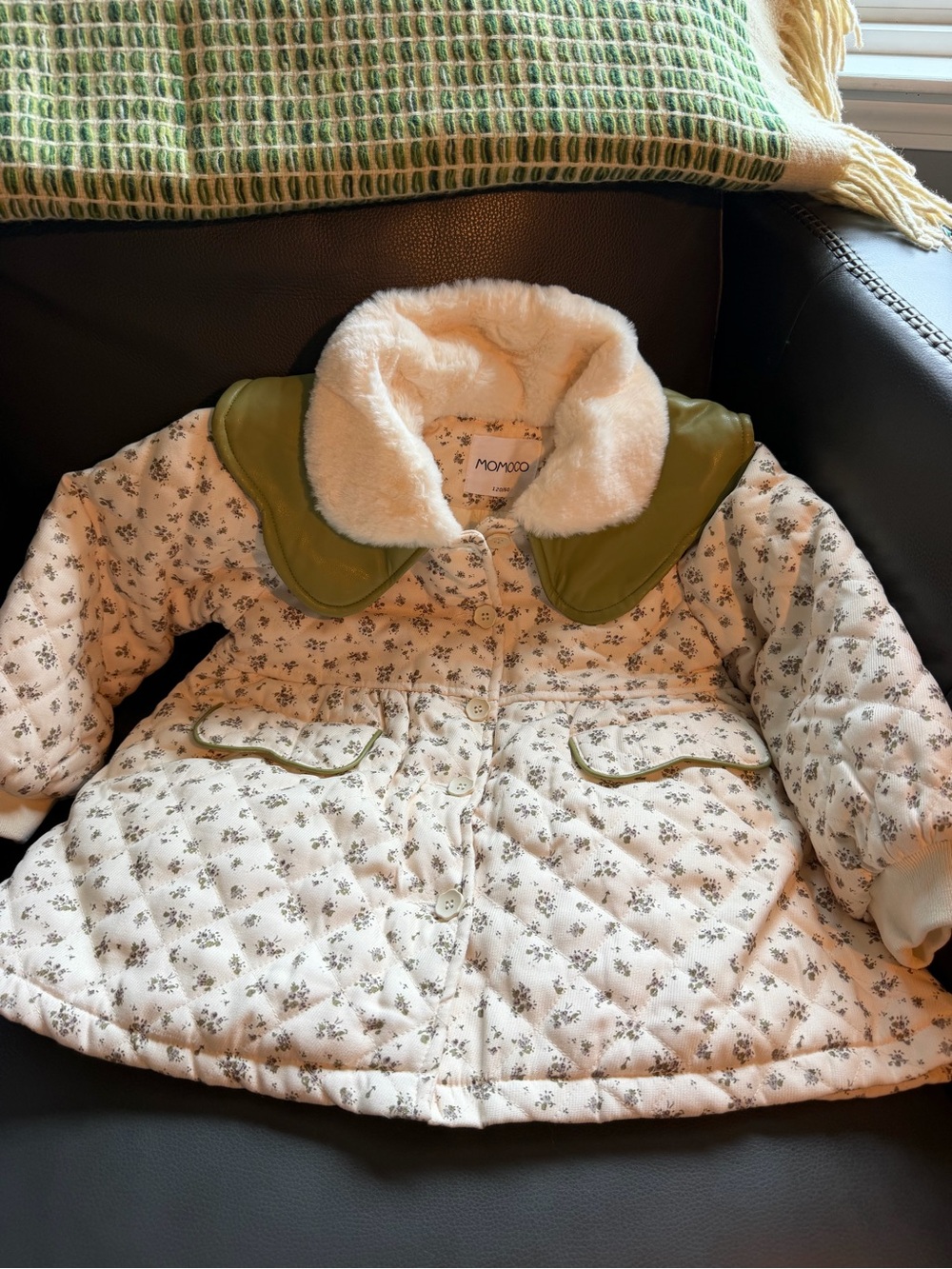 NWOT Quilted Floral Kids Jacket with Faux Fur Collar - Cream & Olive